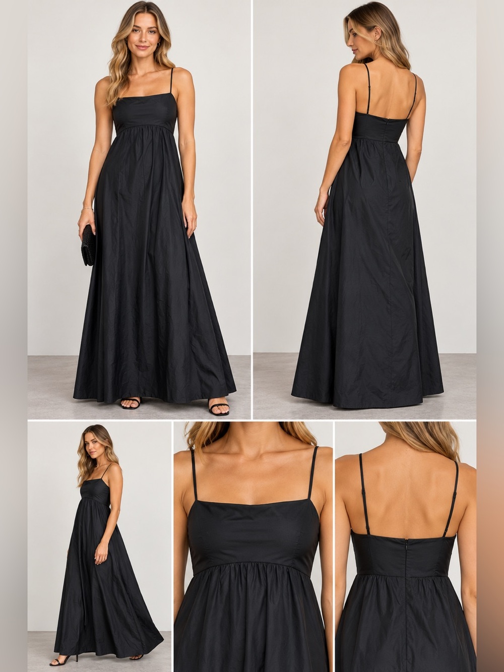 Jenny Yoo Black Satin Spaghetti Strap Formal Maxi Dress Gown Size 4